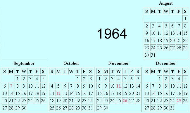 Какой день недели был 22 июня. Календарь 1964 года. 1964 День недели. Календарь 1964 день недели. Август 1965 года календарь.